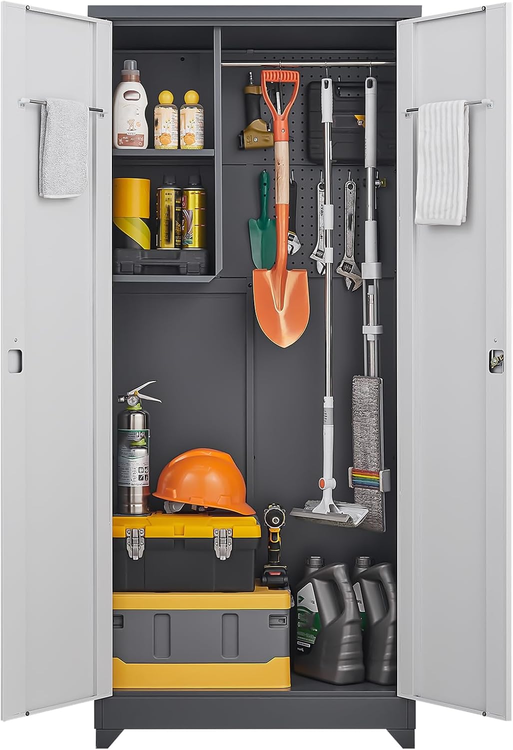 GREATMEET 65" Broom Storage Cabinet, Metal Utility Closet for Brooms and Mops, Cleaning Supply Cabinet with Pegboard, Multifunctional Metal Garage Mop Storage Closet, Grey&White