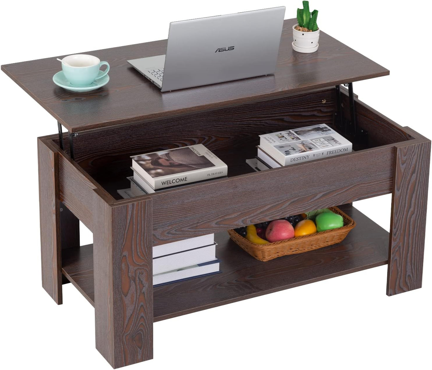 FDW Lift Top Coffee Table with Hidden Compartment and Storage Shelf Wooden Lift Tabletop for Home Living Room Reception Room Office,39.4",Brown