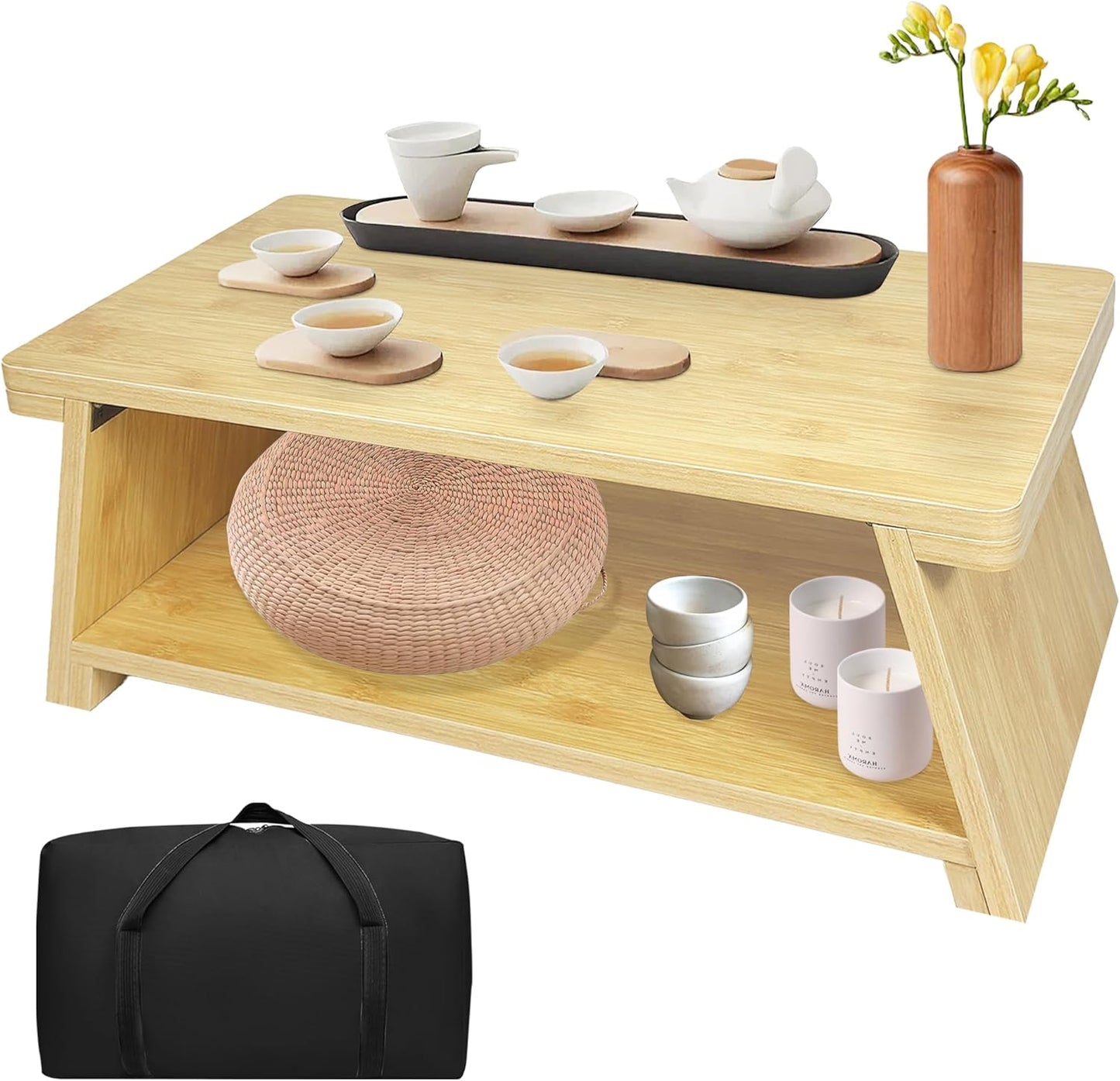 Floor Table, Altar Table Paulownia Folding Design, Low Meditation Table for Sitting on The Floor Japanese Table Tatami Table