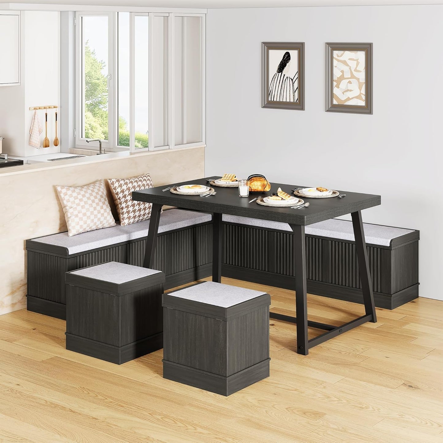 XIAO WEI Corner Dining Table Set with Storage Stool and Storage Bench,47 Inch Rustic Brown Breakfast Nook with Banquette Seating,6 Pieces Dining Table Set Corner Booth for Kitchen and Dining Room
