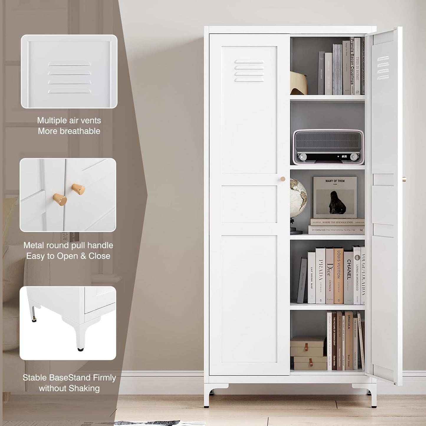 Yizosh Metal Storage Cabinet with 2 Doors and 4 Adjustable Shelves - 61" White Kitchen Pantry Storage 5-Tier Tall Steel Cabinets Locker for Kitchen, Living Room, Dining Room