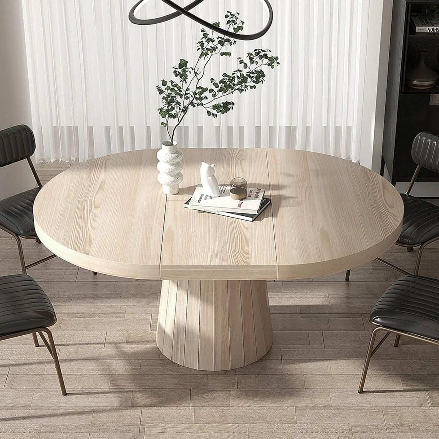 homary Round Extendable Dining Table with Pedestal Base, 39"-55" Expandable Dining Room Table Oval Kitchen Dinette Table for 4-6 (Gray & Walnut)