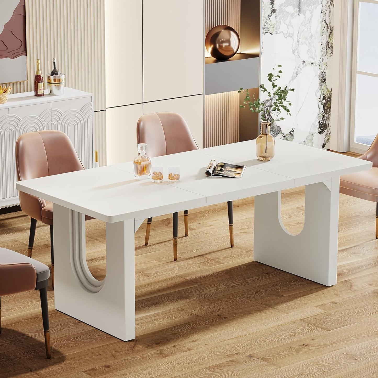Tribesigns Modern Dining Table for 6 to 8 People, 71" Large Kitchen Dining Table with Wood Pedestal Base, Rectangular Long Dinner Table for Kitchen, Dining Room, Living Room, Rustic Brown