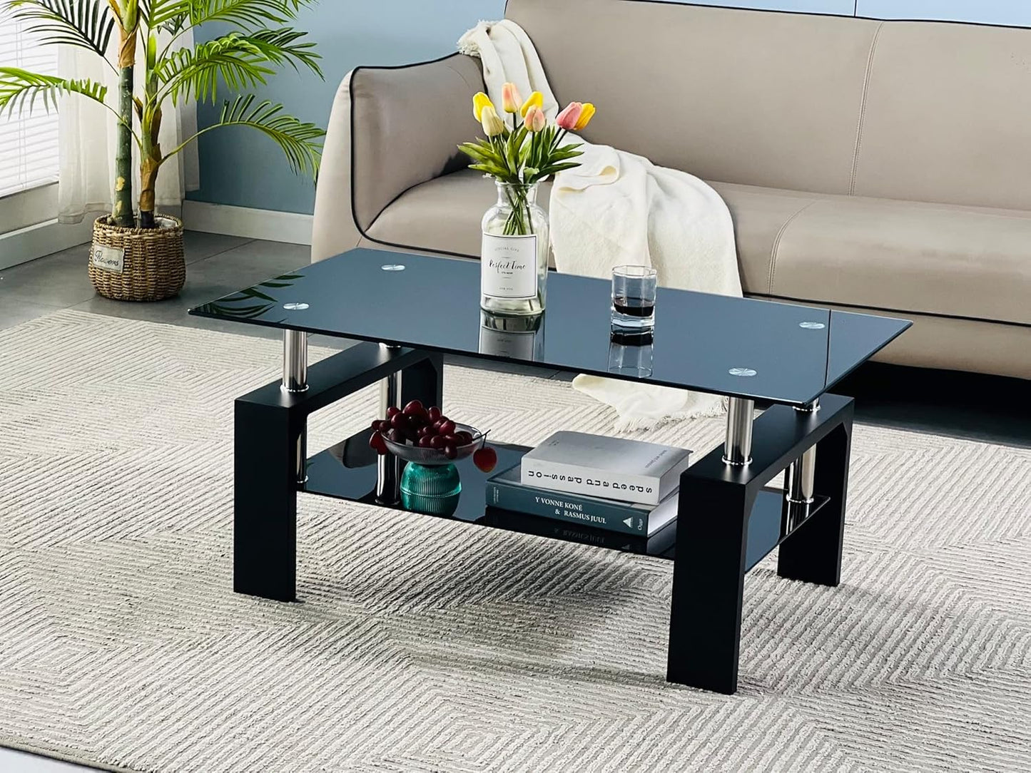 Living Room Rectangle Coffee Table, Tea Table Suitable for Waiting Room, Modern Side Coffee Table with Wooden Leg, Glass Tabletop with Lower Shelf, White 39.5 * 23.5 * 17.5