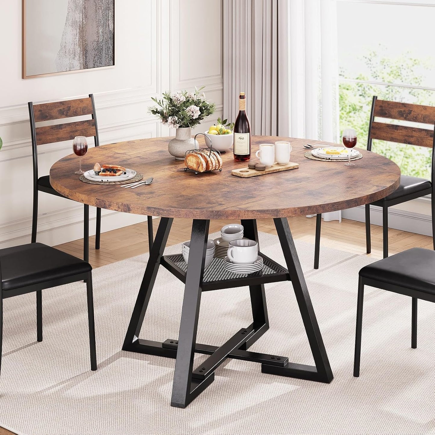 Round Dining Table for 4,Kitchen Dining Room Circle Dinner Pedestal Table,Space Saving Wood Kitchen & Dining Room Furniture (Vintage, 47In)