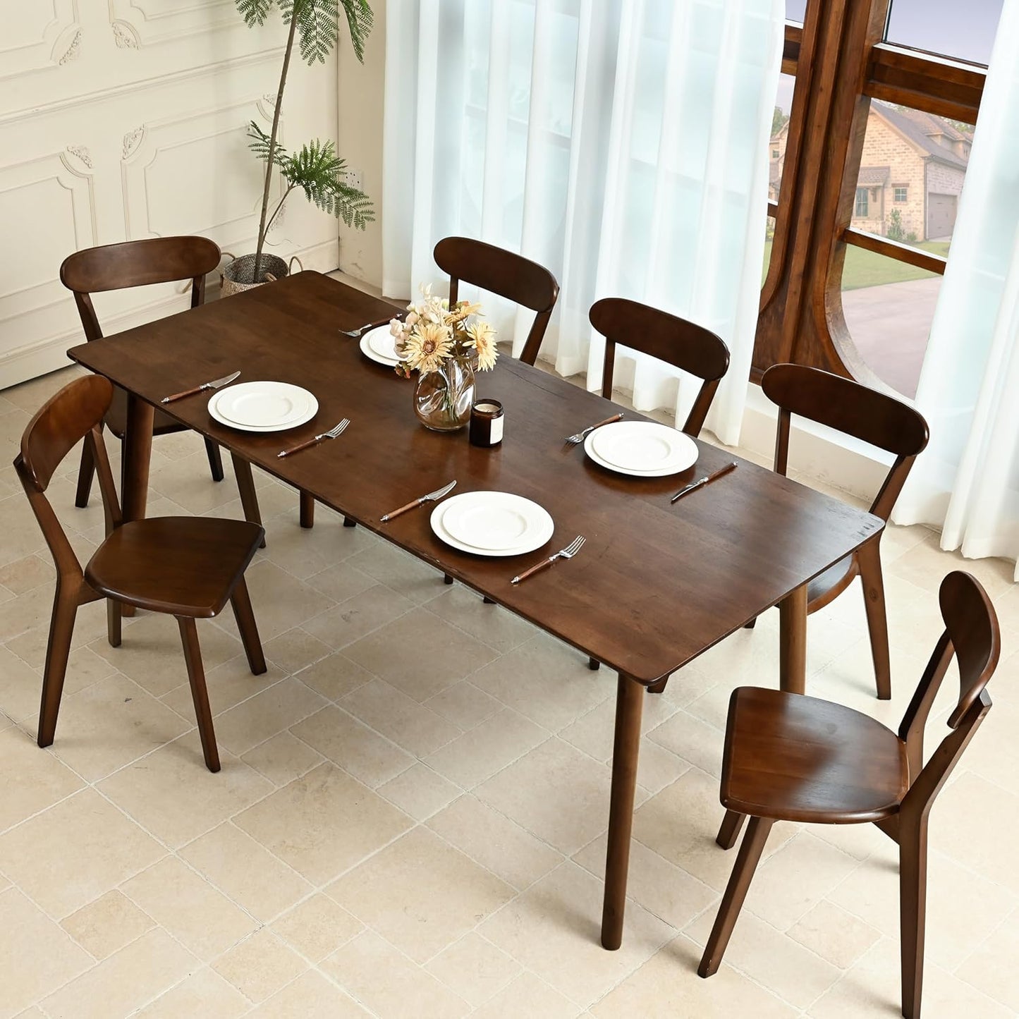 DELAVIN 47.2" Solid Wood Dining Table, Mid Century Modern Wooden Kitchen Table, Farmhouse Dining Room Table, Easy Assembly, Walnut, 47.2" L x 29.5" W
