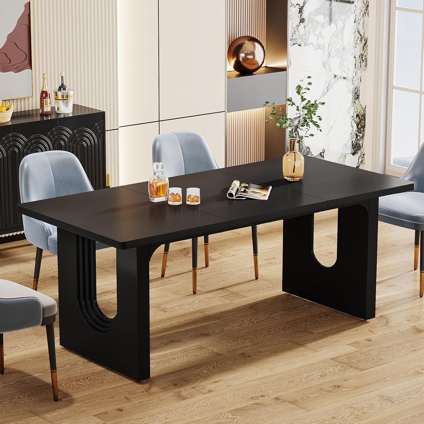 Tribesigns Modern Dining Table for 6 to 8 People, 71" Large Kitchen Dining Table with Wood Pedestal Base, Rectangular Long Dinner Table for Kitchen, Dining Room, Living Room, Rustic Brown