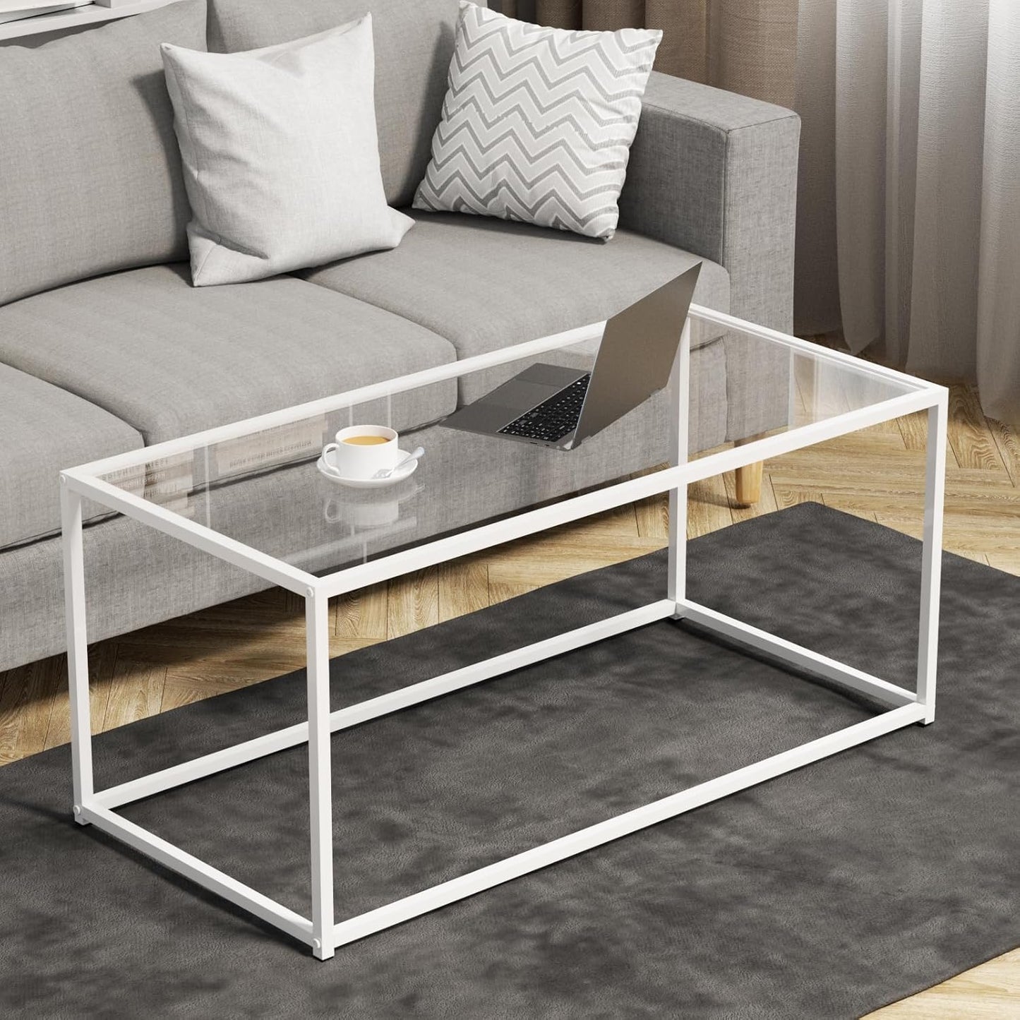 Glass Coffee Table Modern Center Table,Minimalist Round Coffee Tea Table,Tempered Glass-top with Sturdy Metal Frame for Living Room Bedroom Office and Small Space, 27 x 27 x 17 Inch,Gray Black