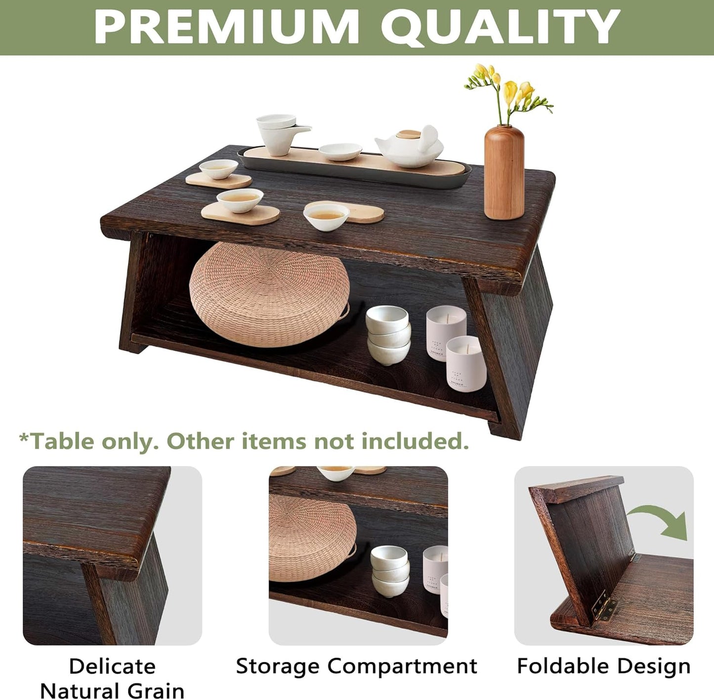 Floor Table, Altar Table Paulownia Folding Design, Low Meditation Table for Sitting on The Floor Japanese Table Tatami Table
