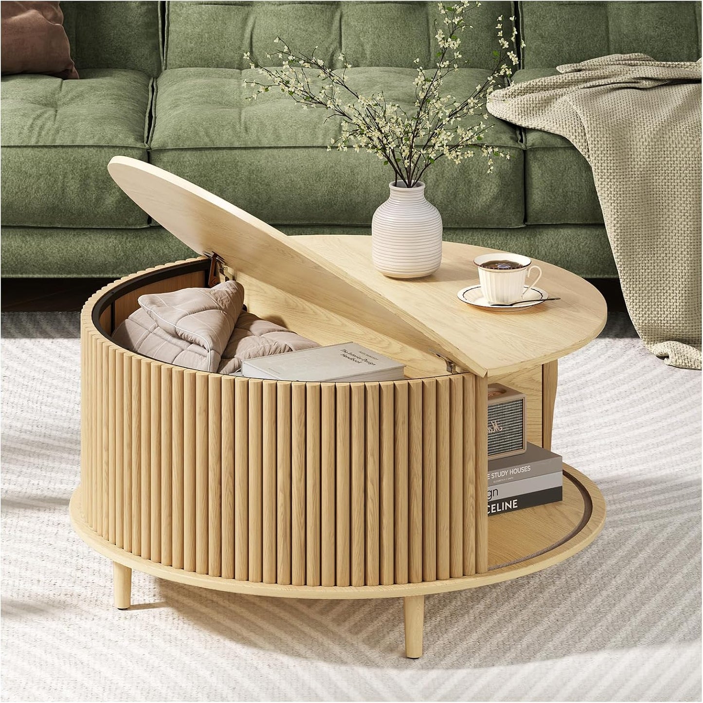 Round Coffee Table with Storage,Fluted Center Table with Sliding Cabinet Door for Living Room,Home Small Space,31.5" Small Center Table,Walnut