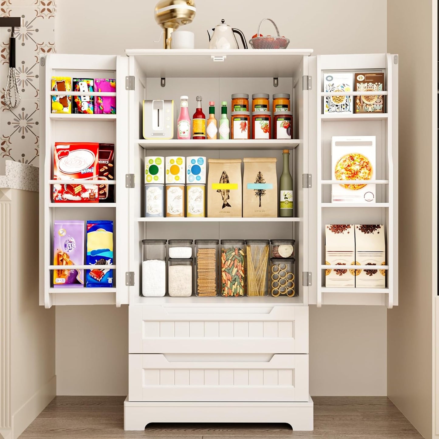Gizoon Kitchen Pantry Storage Cabinet with Drawers Freestanding Bathroom Storage Cabinets with Doors and Shelves, 47" Small Food Pantry Cabinet for Dining Room Craft Room, White