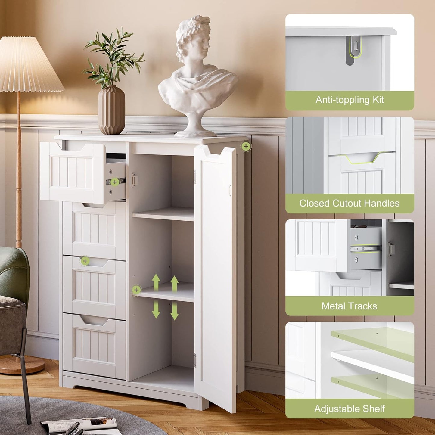 Gizoon 33" Kitchen Pantry Storage Cabinet with Door and Shelves, Small Food Pantry Cabinet Cupboard, Freestanding Wooden Bathroom Storage Cabinet with 4 Drawers for Kitchen and Dining Room, White