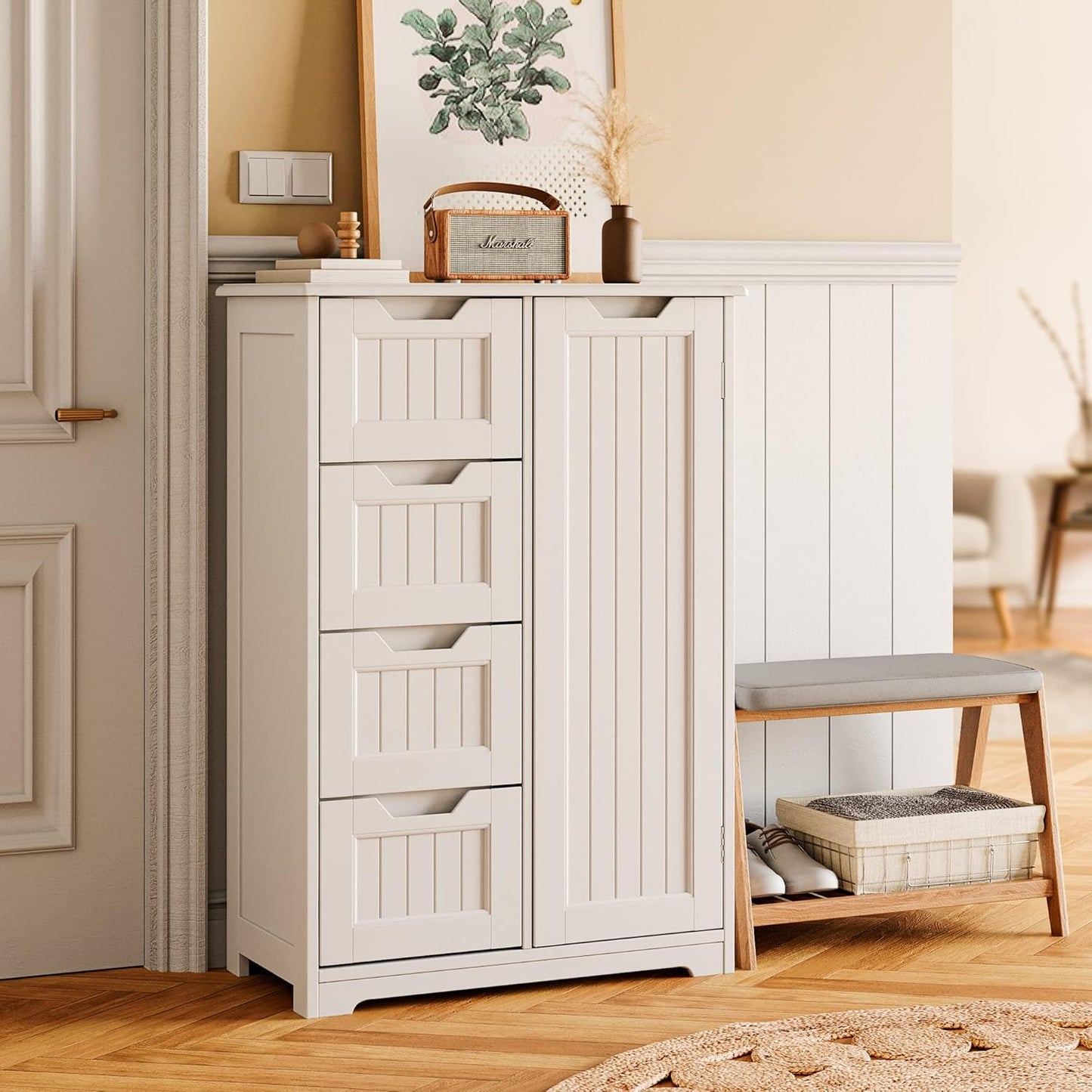 Gizoon 33" Kitchen Pantry Storage Cabinet with Door and Shelves, Small Food Pantry Cabinet Cupboard, Freestanding Wooden Bathroom Storage Cabinet with 4 Drawers for Kitchen and Dining Room, White