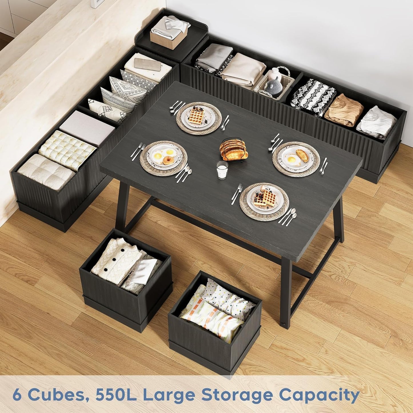 XIAO WEI Corner Dining Table Set with Storage Stool and Storage Bench,47 Inch Rustic Brown Breakfast Nook with Banquette Seating,6 Pieces Dining Table Set Corner Booth for Kitchen and Dining Room