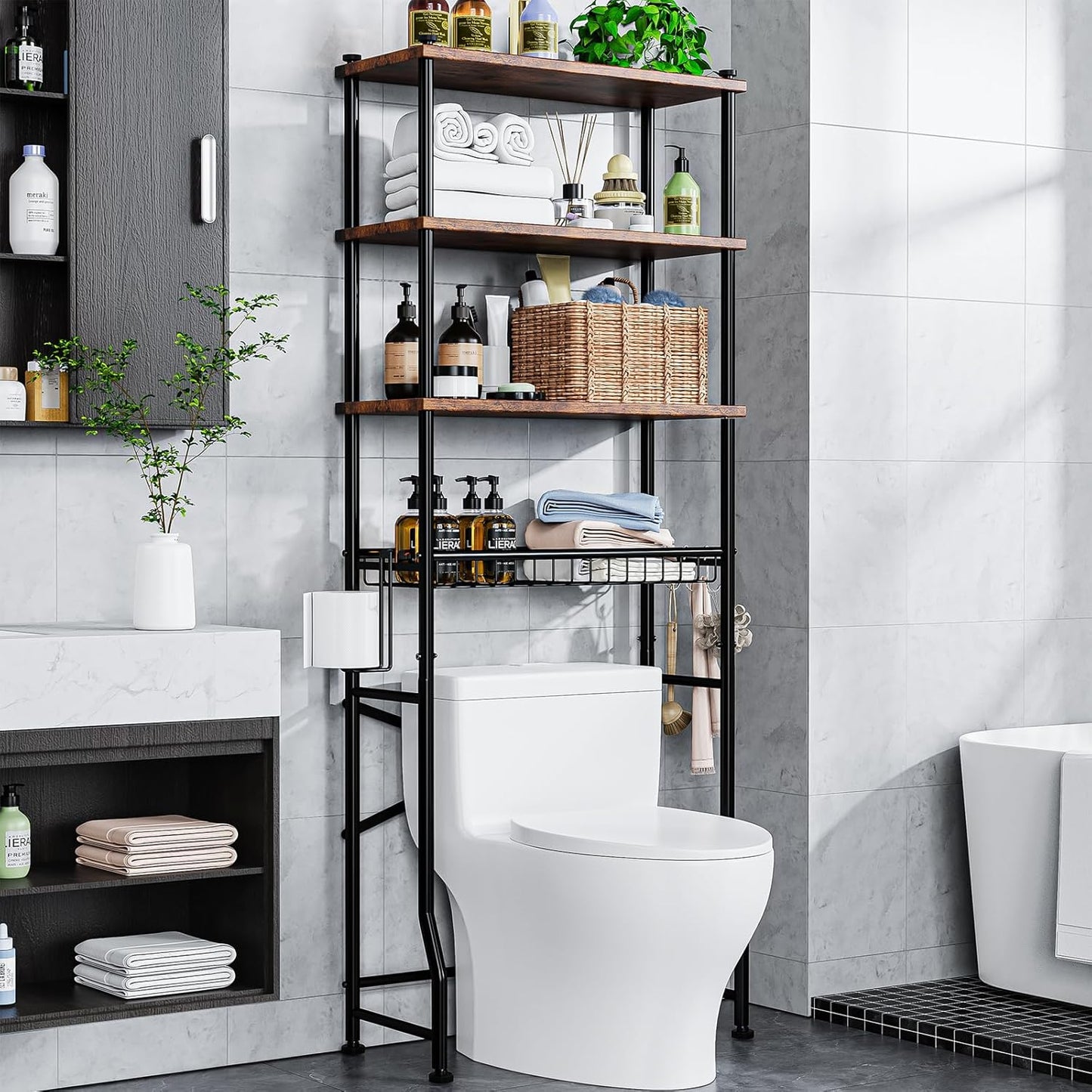 Over The Toilet Storage Cabinet,4 Tier Bathroom Organizer and Storage With Adjustable Shelf Waterproof Feet Pad and Basket Multifunctional Space Saver Freestanding Bathroom Shelves With Dividers Black