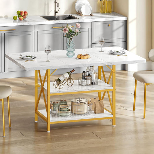 DWVO Dining Room Table 47 Inch Rectangle Dining Table for 4 People Modern Kitchen Table White Marble Dinner Table with Storage Shelf and Glod Metal Legs for Home Apartment White and Gold