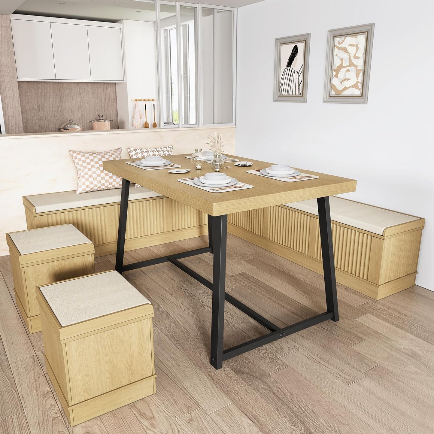 XIAO WEI Corner Dining Table Set with Storage Stool and Storage Bench,47 Inch Rustic Brown Breakfast Nook with Banquette Seating,6 Pieces Dining Table Set Corner Booth for Kitchen and Dining Room