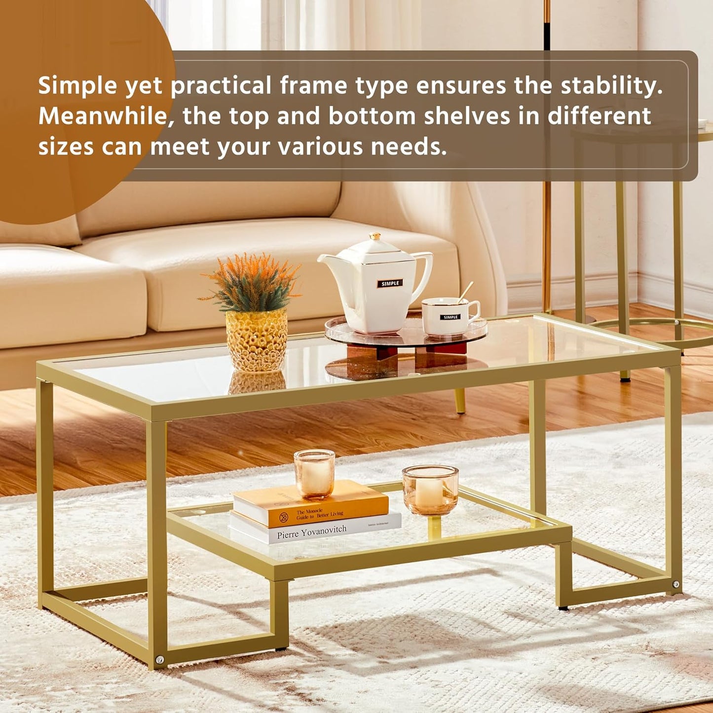 Yaheetech Gold Coffee Table, 42" Rectangular Glass Coffee Table for Living Room, 2-Tier Center Tea Tables with Metal Frame for Small Space, Apartment, Office