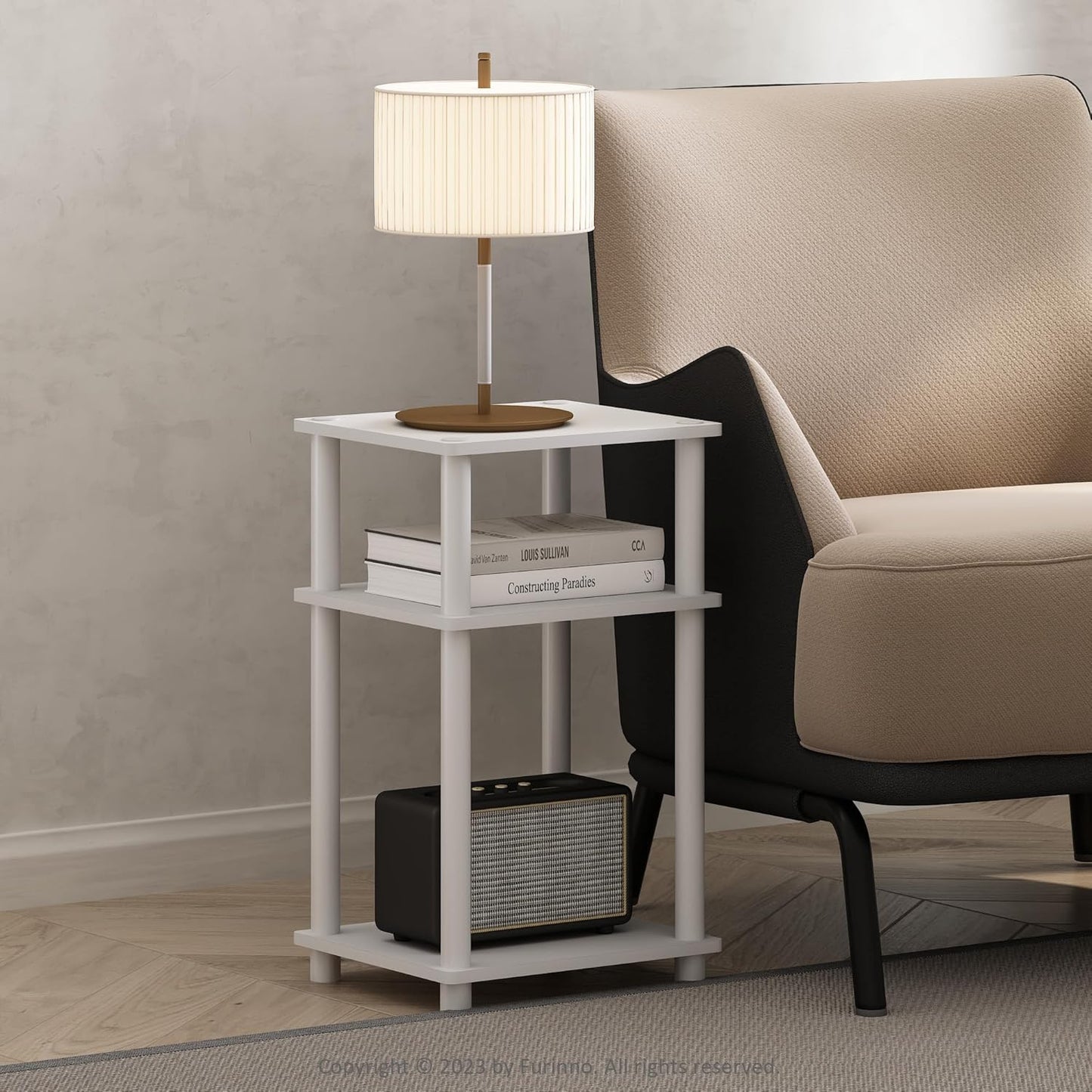 Furinno Just 3-Tier Turn-N-Tube End Table / Side Table / Night Stand / Bedside Table with Plastic Poles, 1-Pack, French Oak Grey/Black