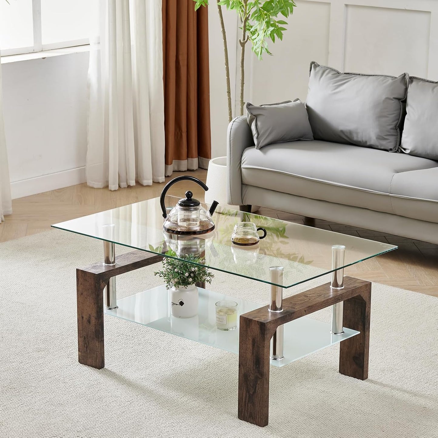 Living Room Rectangle Coffee Table, Tea Table Suitable for Waiting Room, Modern Side Coffee Table with Wooden Leg, Glass Tabletop with Lower Shelf, White 39.5 * 23.5 * 17.5