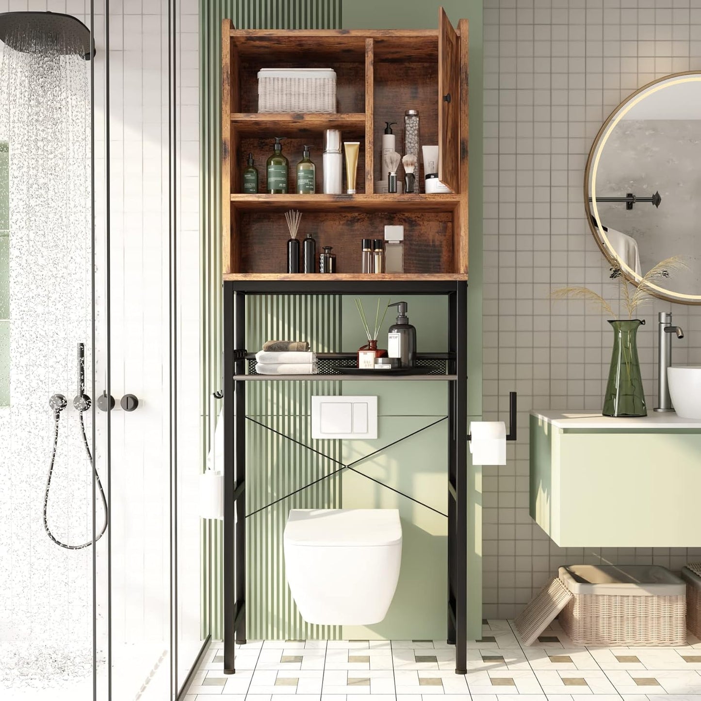 AWQM Over The Toilet Storage Cabinet, Bathroom Cabinet Organizer with Adjustable Shelf, Freestanding Space Saver Toilet Stands with Door, Paper Hook, Multifunctional Bathroom Toilet Rack, Rustic Brown