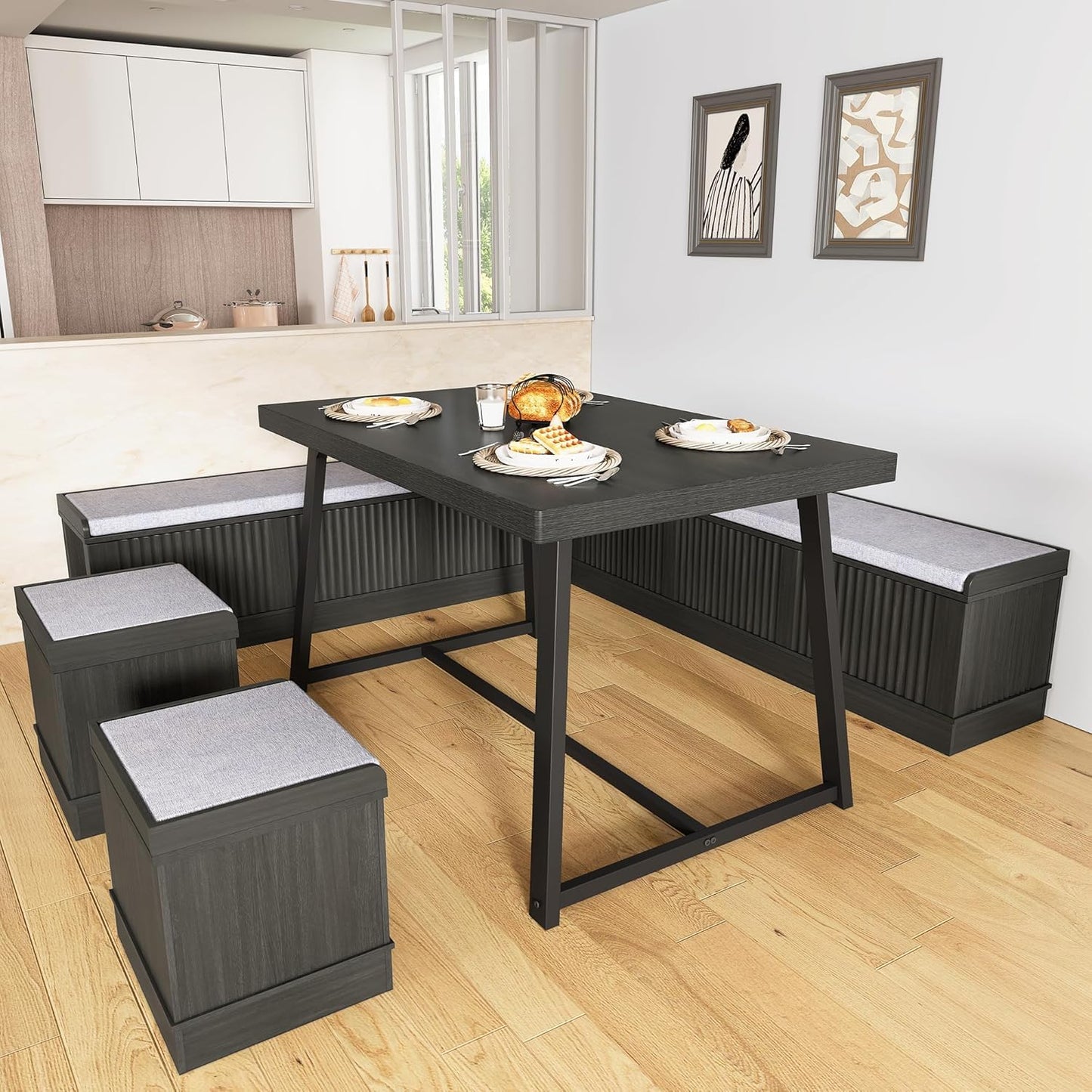 XIAO WEI Corner Dining Table Set with Storage Stool and Storage Bench,47 Inch Rustic Brown Breakfast Nook with Banquette Seating,6 Pieces Dining Table Set Corner Booth for Kitchen and Dining Room