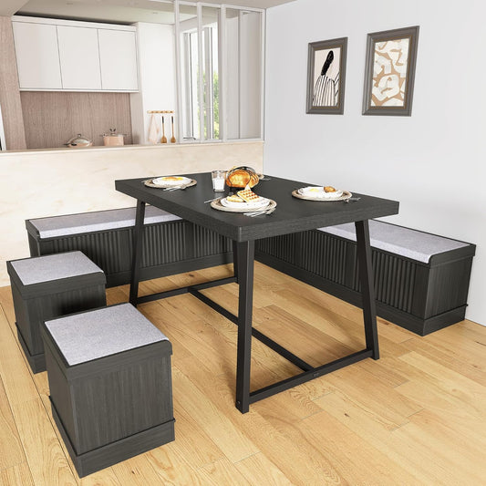 XIAO WEI Corner Dining Table Set with Storage Stool and Storage Bench,47 Inch Rustic Brown Breakfast Nook with Banquette Seating,6 Pieces Dining Table Set Corner Booth for Kitchen and Dining Room
