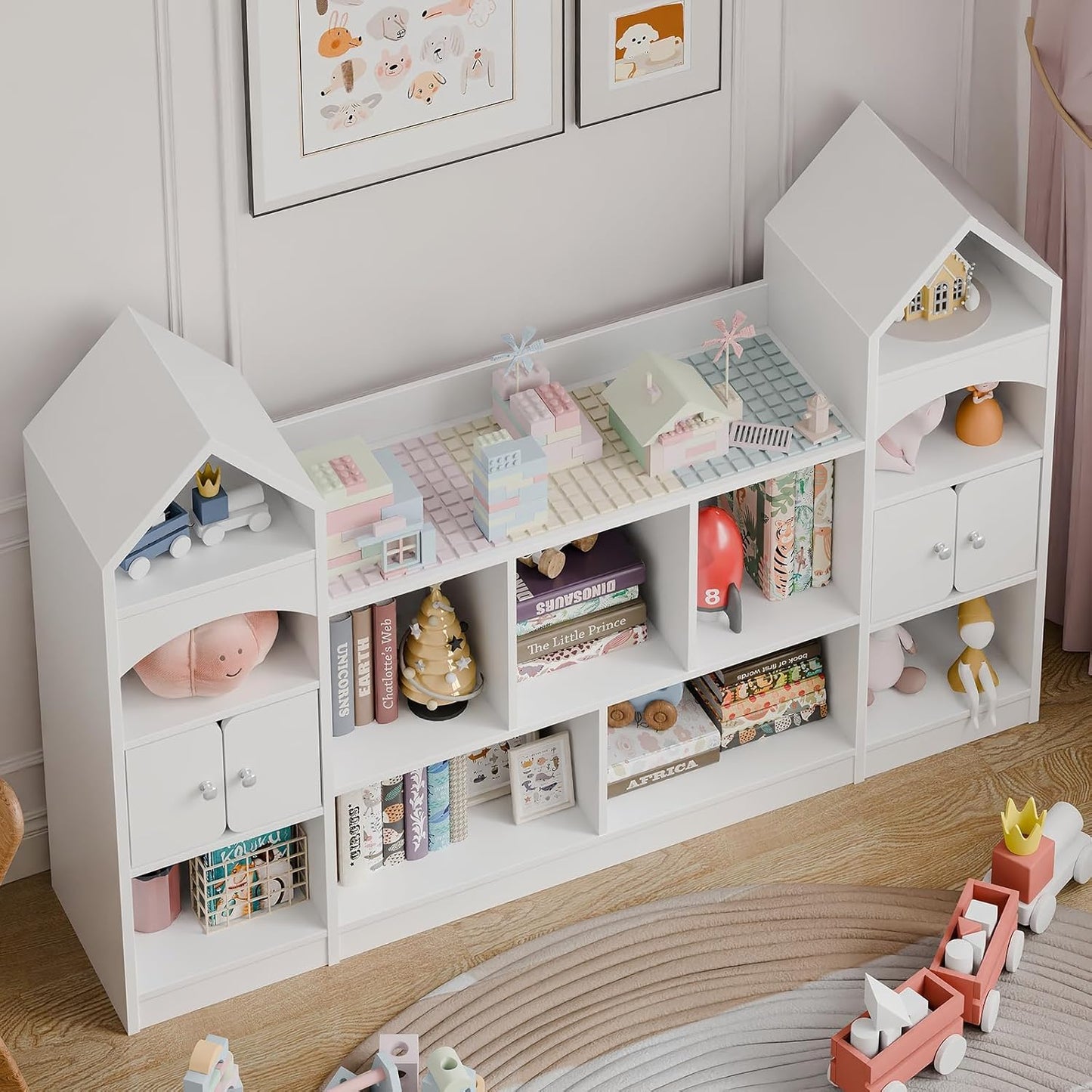 Vabches Castle Shape Children's Bookshelf, Kids Bookcase Display Case Kids Toy Storage Organizer Multifunctional Storage Cabinet Bookshelf Suitable for Playroom, Children's Room, Living Room, White