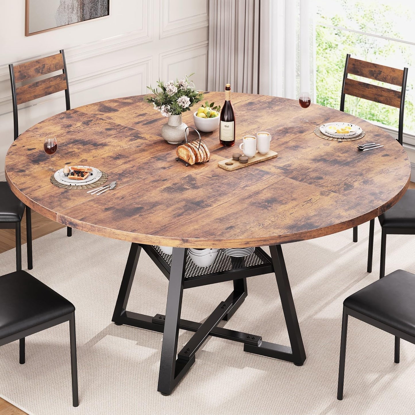 Round Dining Table for 4,Kitchen Dining Room Circle Dinner Pedestal Table,Space Saving Wood Kitchen & Dining Room Furniture (Vintage, 47In)