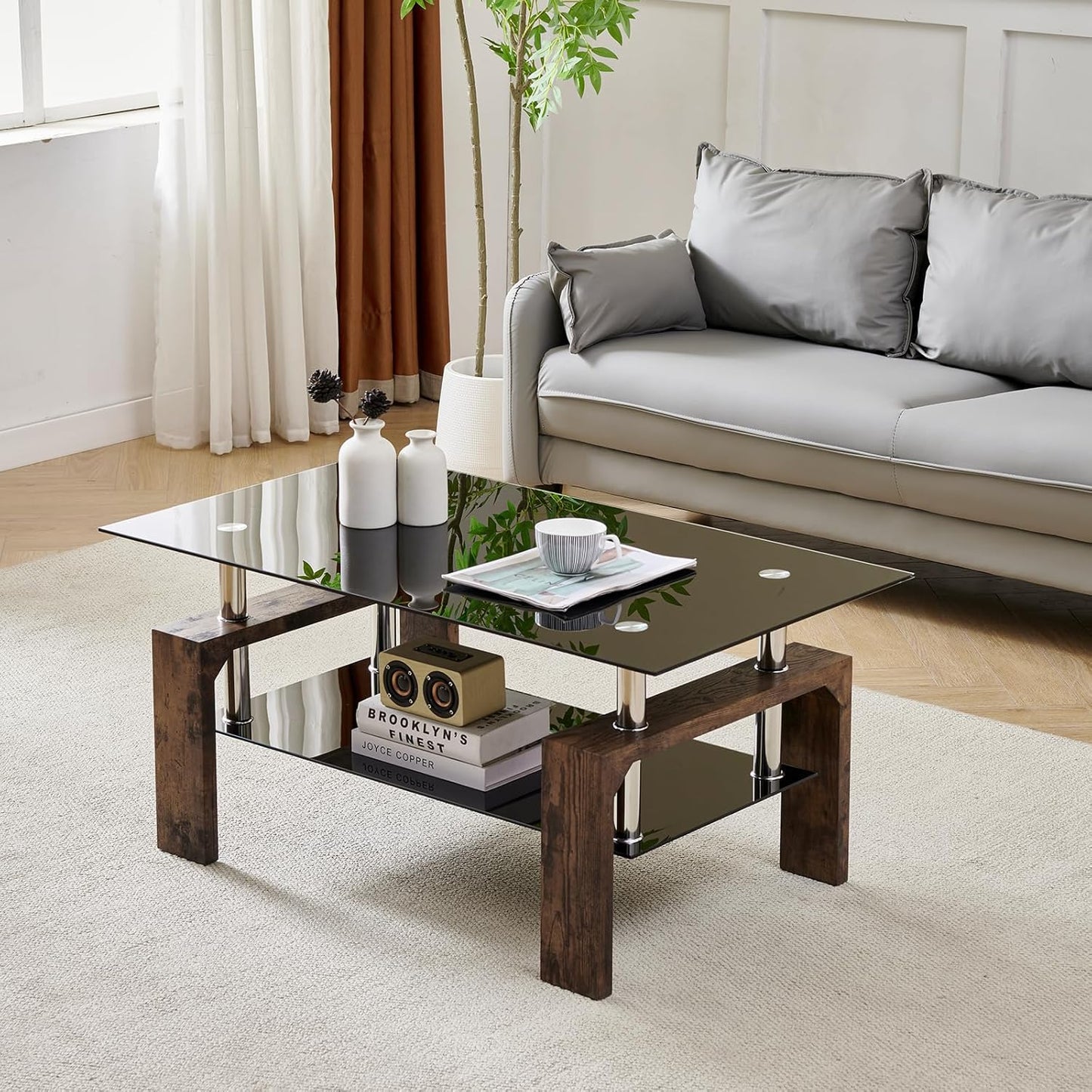 Living Room Rectangle Coffee Table, Tea Table Suitable for Waiting Room, Modern Side Coffee Table with Wooden Leg, Glass Tabletop with Lower Shelf, White 39.5 * 23.5 * 17.5