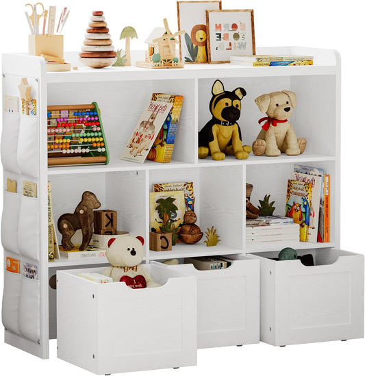 IRONCK Toy Storage Organizer with 3 Movable Drawers, Multifunctional Floor Storage Cabinet Toy Chest with 5 Storage Cubbies, Bookcase for Bedroom and Playroom, White