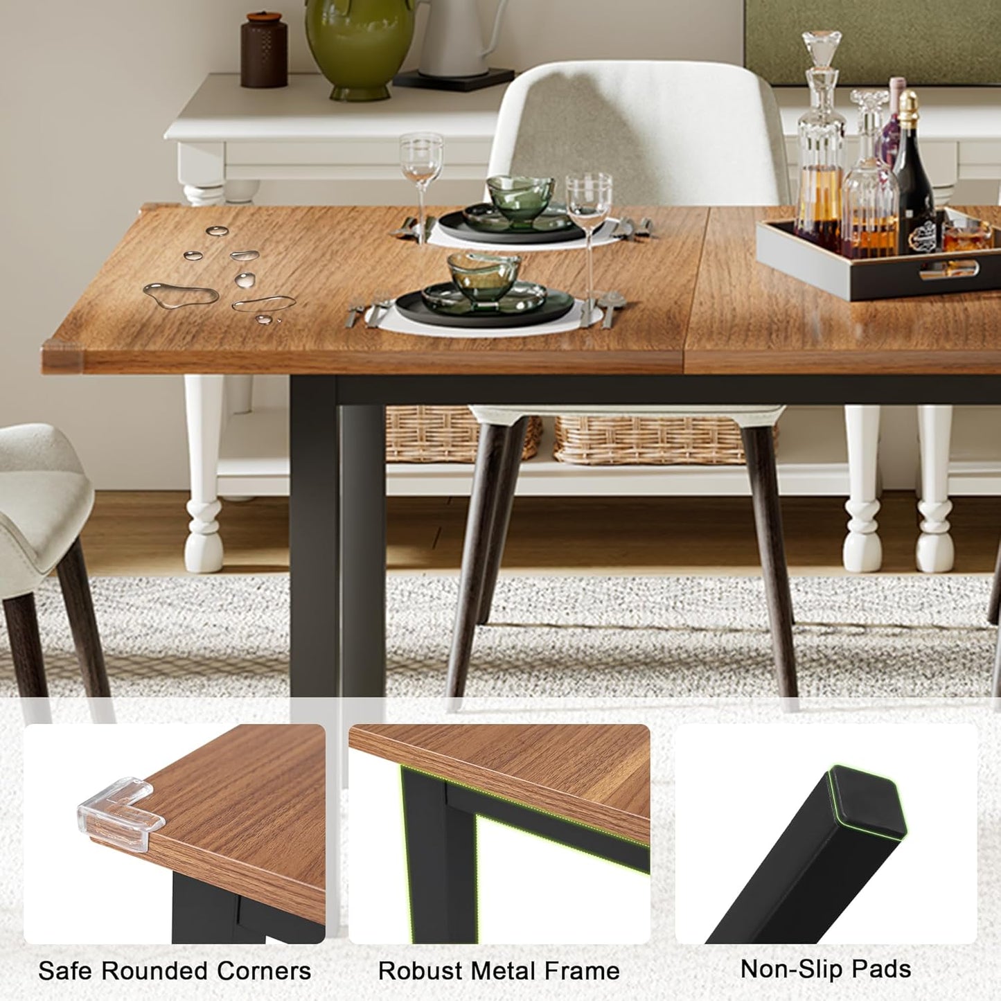 Feonase 63" Extendable Dining Table, Modern Farmhouse Dining Room Table for 4-8, Wooden Kitchen Table for Small Space, Dining Room, Home Office, Living Room Furniture, Walnut