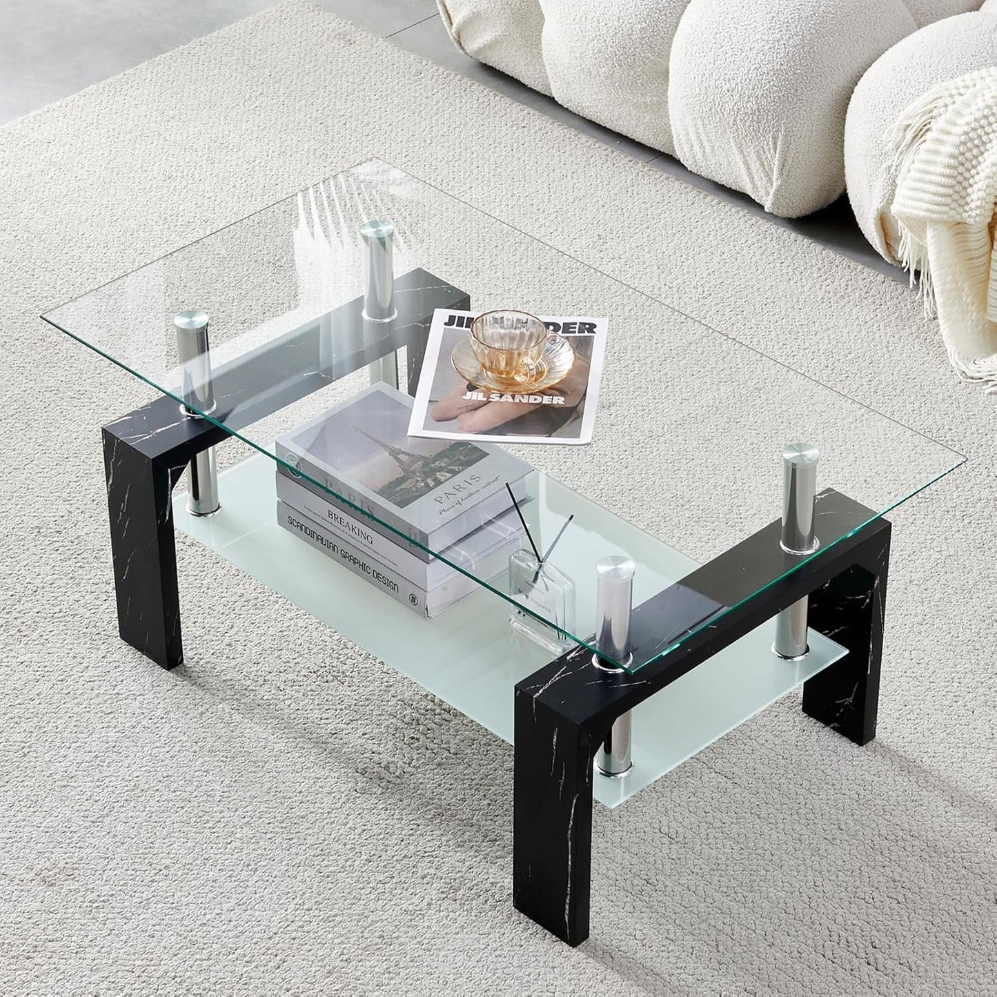 Living Room Rectangle Coffee Table, Tea Table Suitable for Waiting Room, Modern Side Coffee Table with Wooden Leg, Glass Tabletop with Lower Shelf, White 39.5 * 23.5 * 17.5