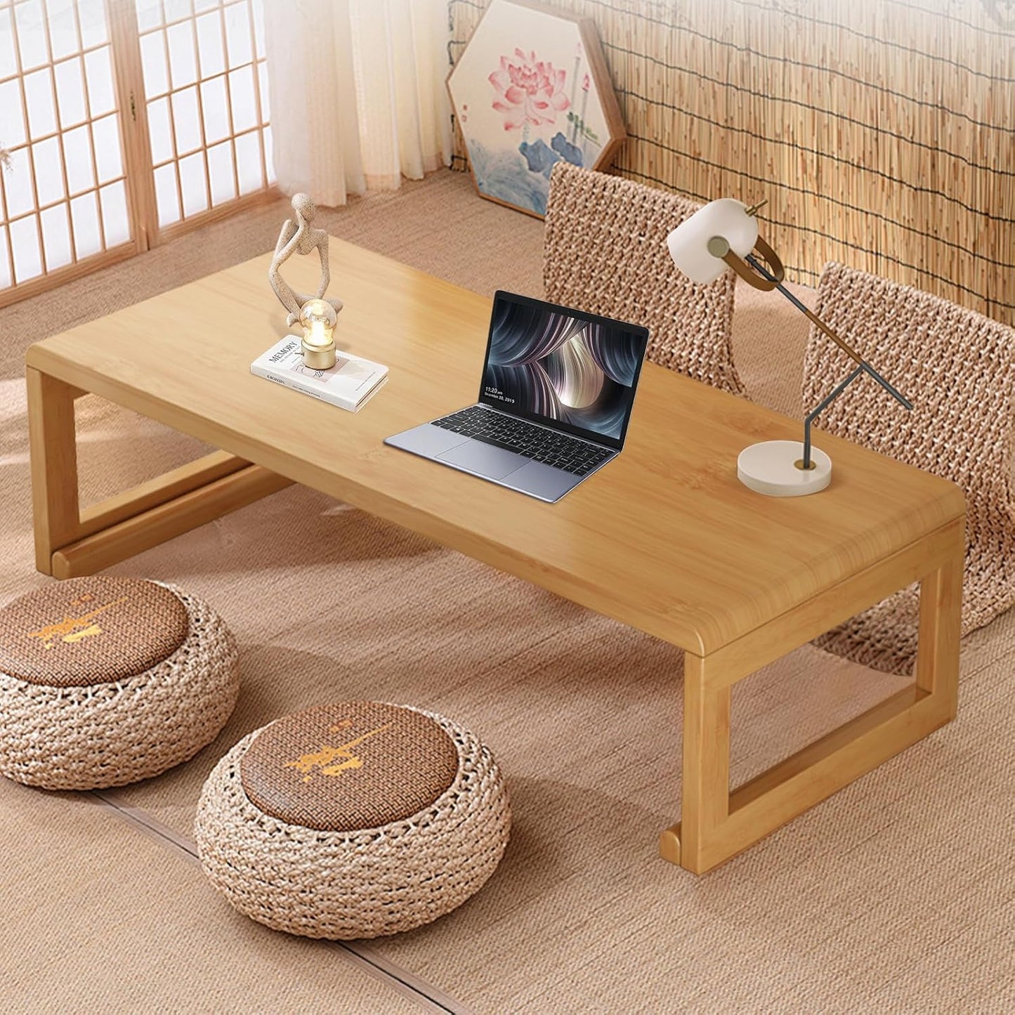 Japanese Floor Table Tea Table Low Coffee Table Bamboo Versatile Folding Design for Tatami Home,Office,Living Room (Walnut, 47.24" Dx 19.68" W x11.8 H)