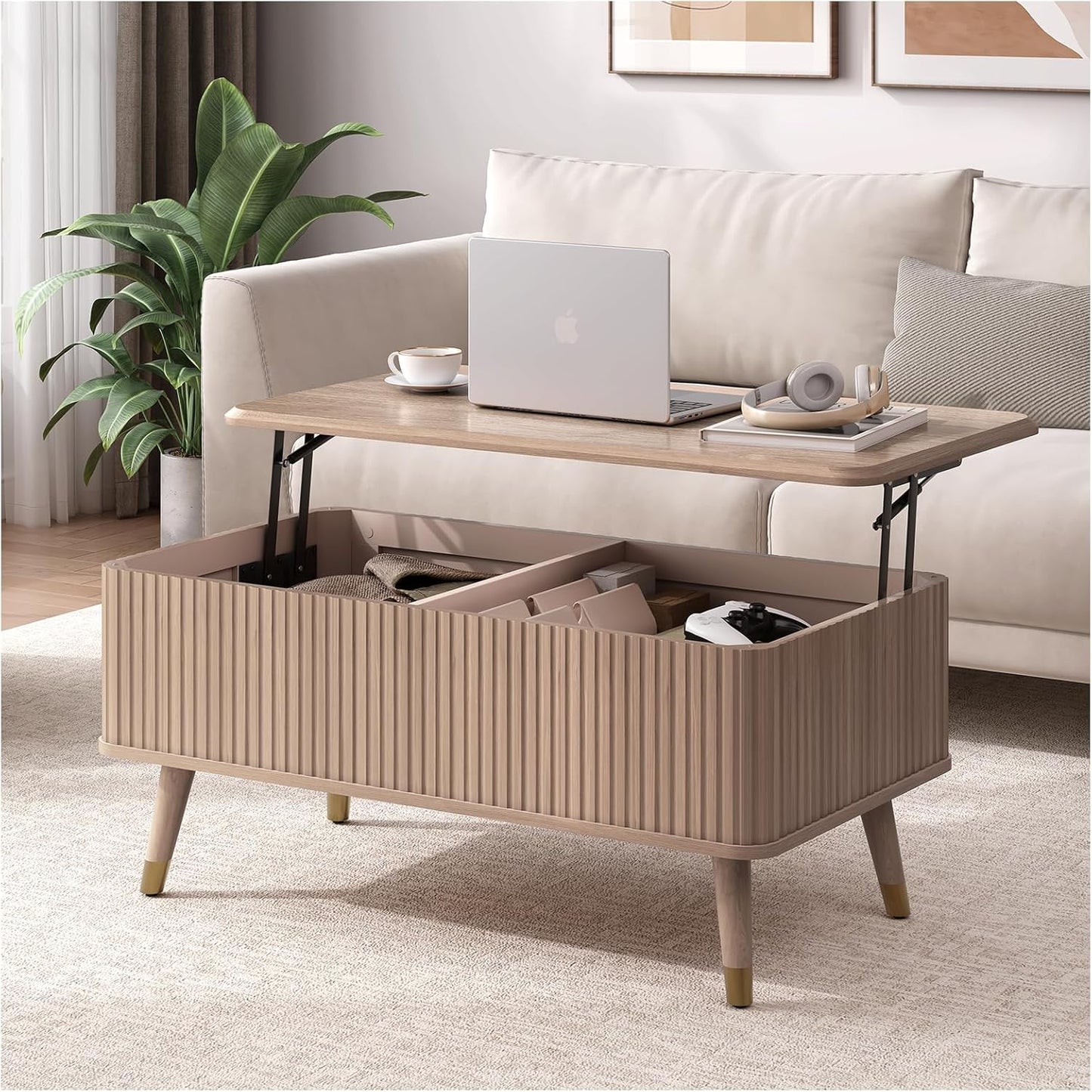 Round Coffee Table with Storage,Fluted Center Table with Sliding Cabinet Door for Living Room,Home Small Space,31.5" Small Center Table,Walnut