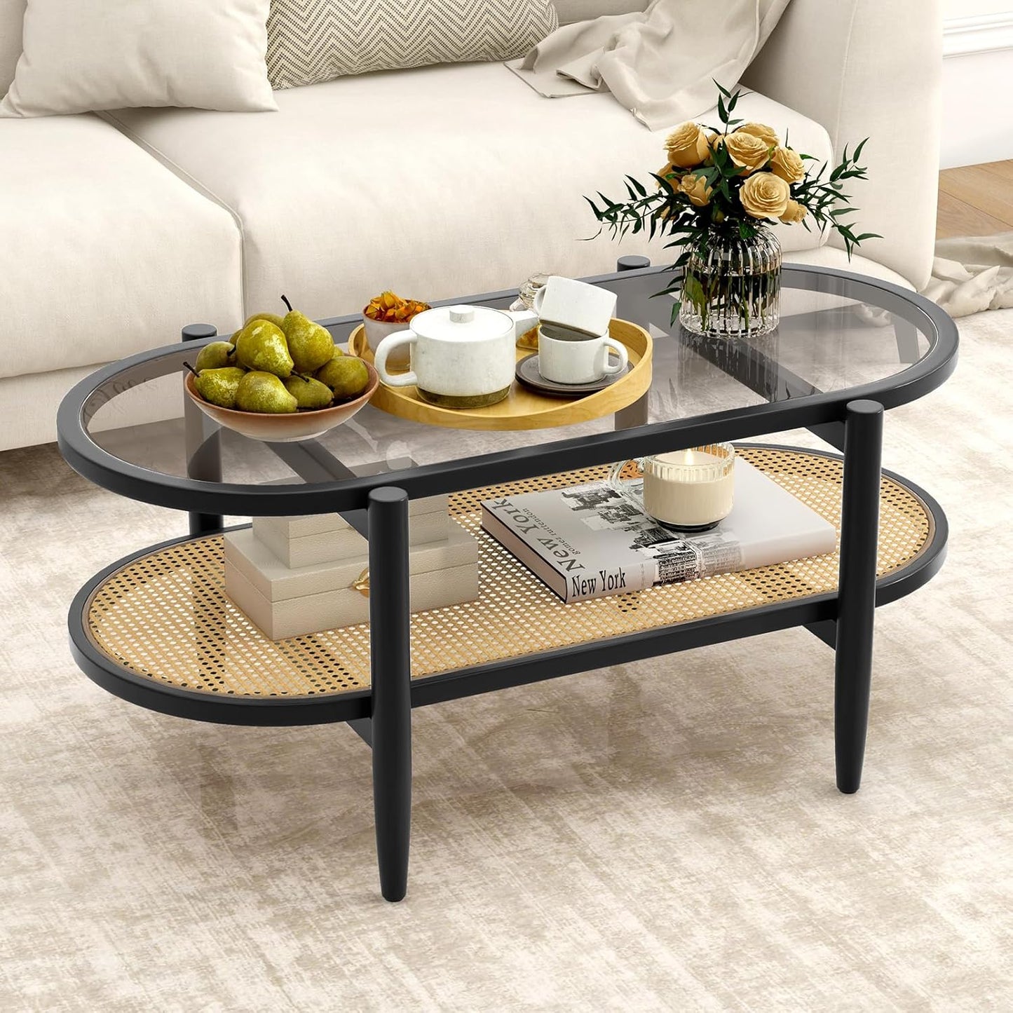 Giantex Rattan Coffee Table, 2-Tier Oval Acacia Wood Tea Table w/Tempered Glass Tabletop & PE Rattan Storage Shelf, Boho Cocktail Tables, Mid Century Modern Center Table for Living Room Office, Brown