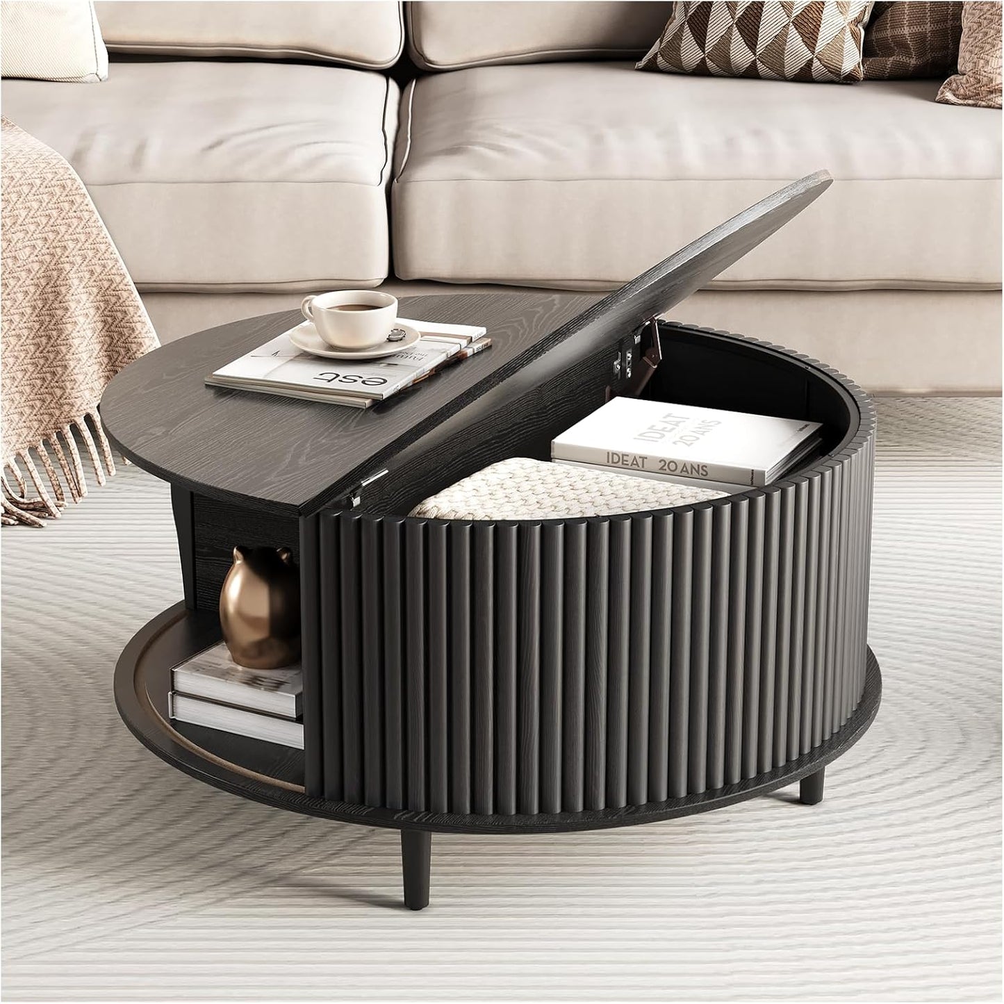 Round Coffee Table with Storage,Fluted Center Table with Sliding Cabinet Door for Living Room,Home Small Space,31.5" Small Center Table,Walnut