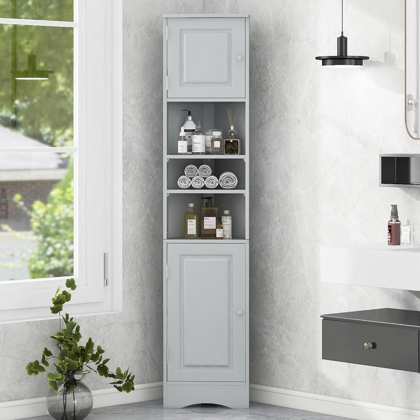 Tall Narrow White Corner Cabinet for Bathroom, Small Thin Wood Multi-Functional Corner Storage Cabinet with Doors and Shelves, Freestanding for Bathroom (White Style2)