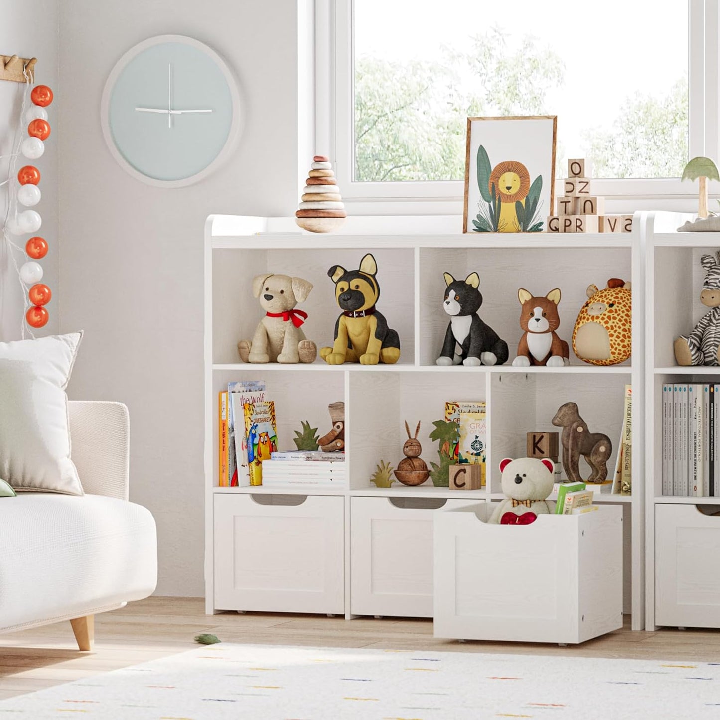 IRONCK Toy Storage Organizer with 3 Movable Drawers, Multifunctional Floor Storage Cabinet Toy Chest with 5 Storage Cubbies, Bookcase for Bedroom and Playroom, White