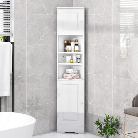 Tall Narrow White Corner Cabinet for Bathroom, Small Thin Wood Multi-Functional Corner Storage Cabinet with Doors and Shelves, Freestanding for Bathroom (White Style2)