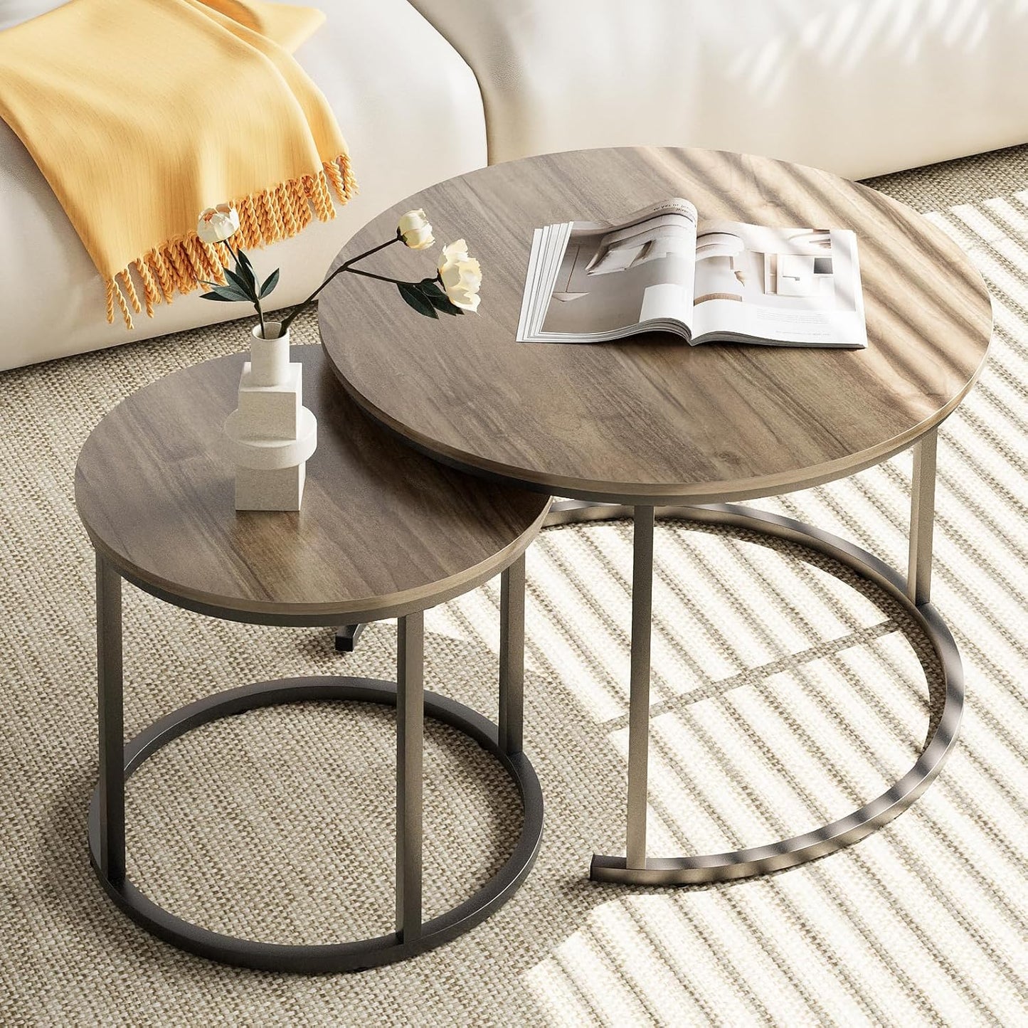 aboxoo Coffee Table Nesting White Set of 2 Side Set Golden Frame Circular Round and Marble Pattern Wooden Tables, Living Room Bedroom Apartment Modern Industrial Simple Nightstand