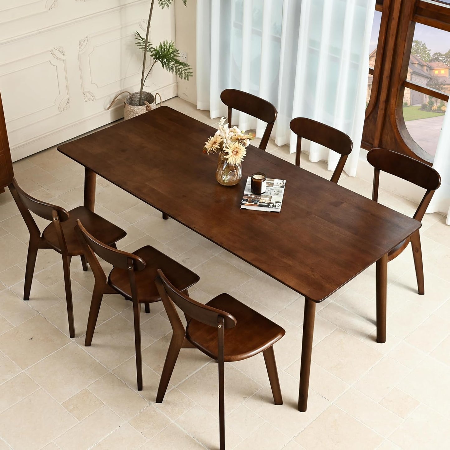 DELAVIN 47.2" Solid Wood Dining Table, Mid Century Modern Wooden Kitchen Table, Farmhouse Dining Room Table, Easy Assembly, Walnut, 47.2" L x 29.5" W