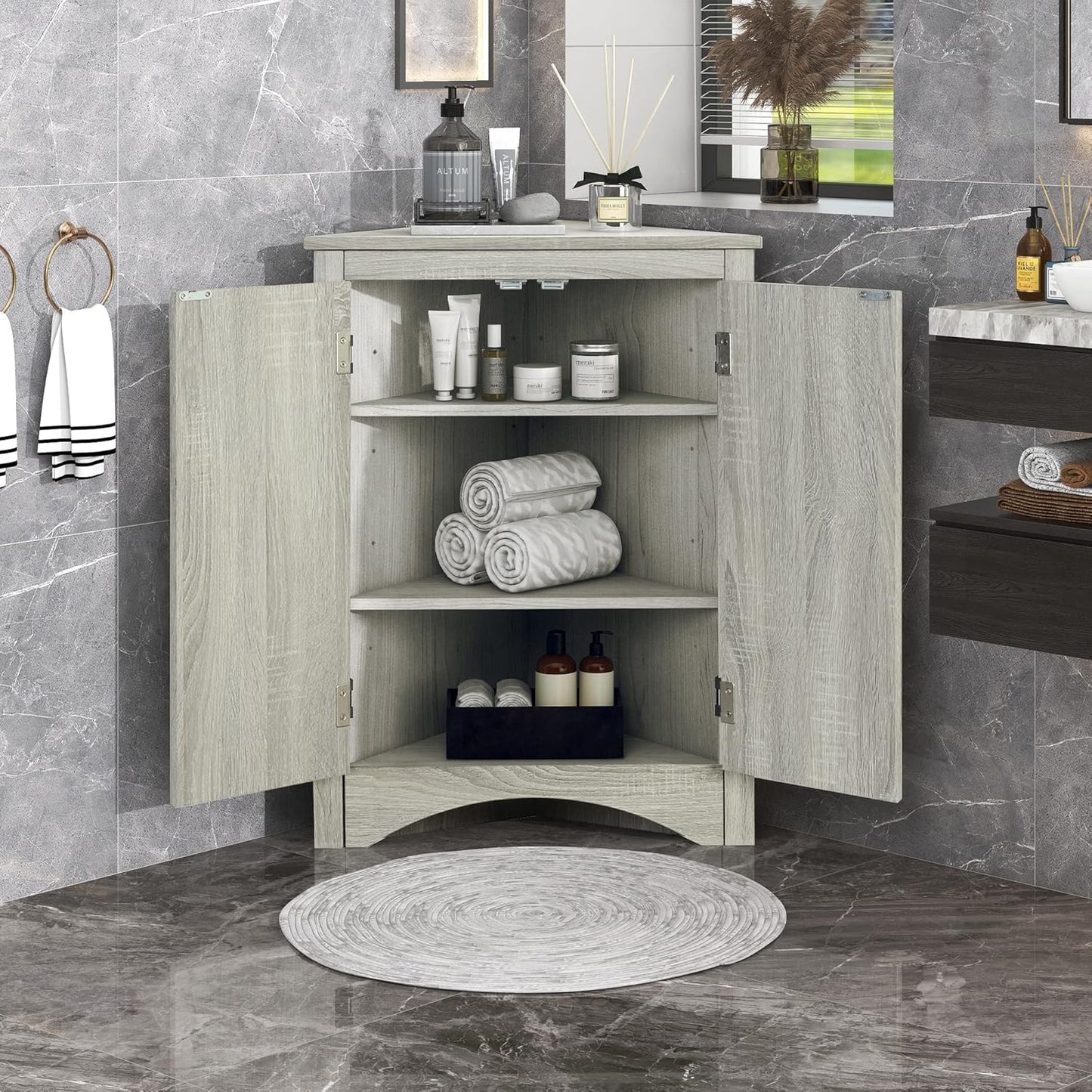 Tall Narrow White Corner Cabinet for Bathroom, Small Thin Wood Multi-Functional Corner Storage Cabinet with Doors and Shelves, Freestanding for Bathroom (White Style2)