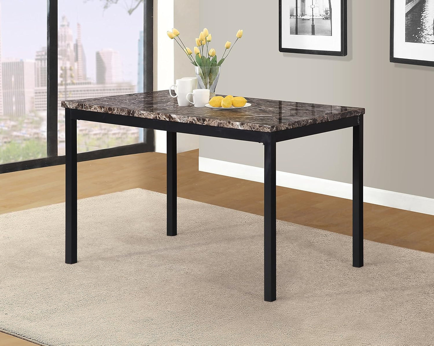 Roundhill Furniture Noyes Metal Dining Table with Laminated Faux Marble Top, Off-White