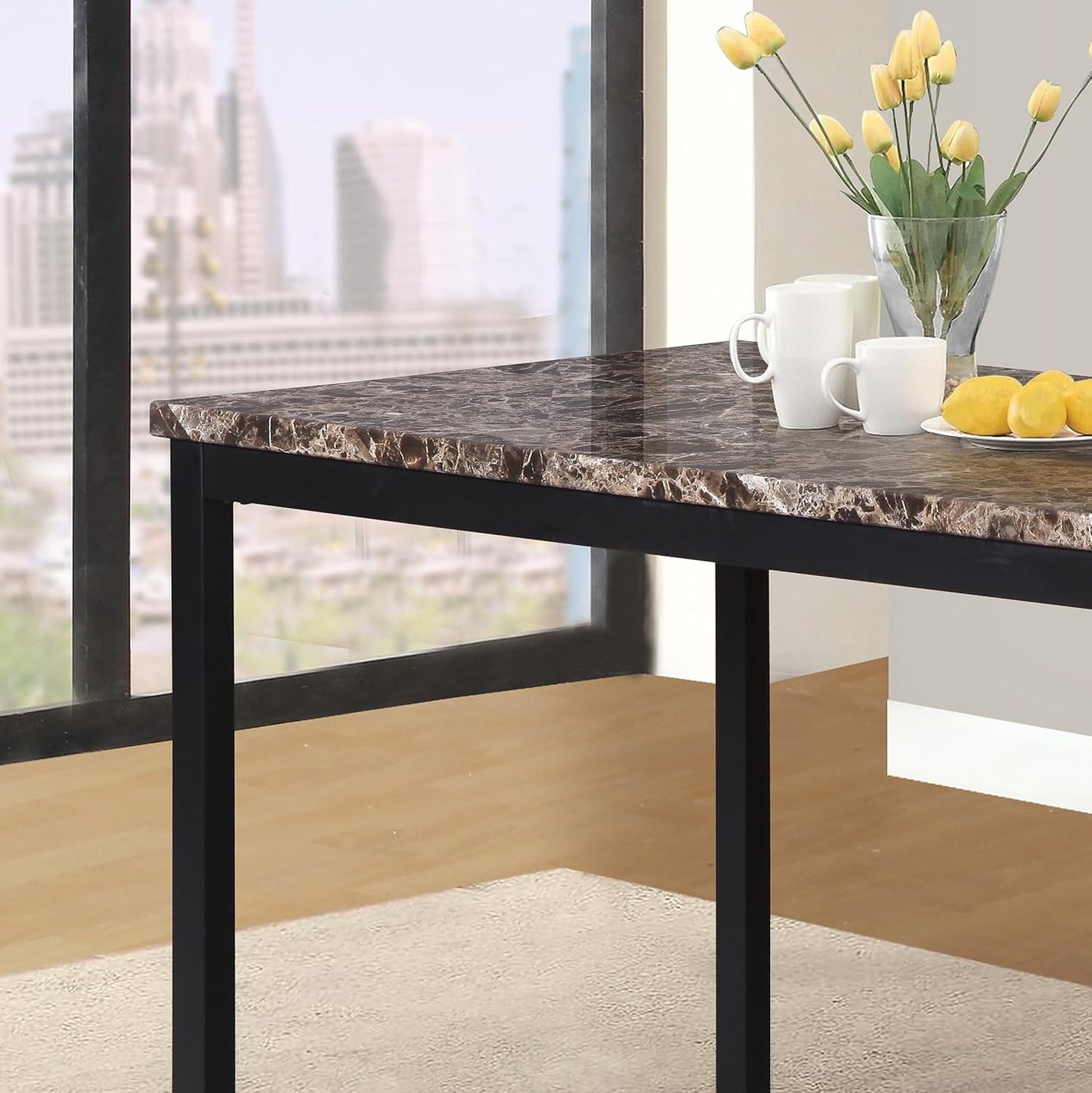 Roundhill Furniture Noyes Metal Dining Table with Laminated Faux Marble Top, Off-White