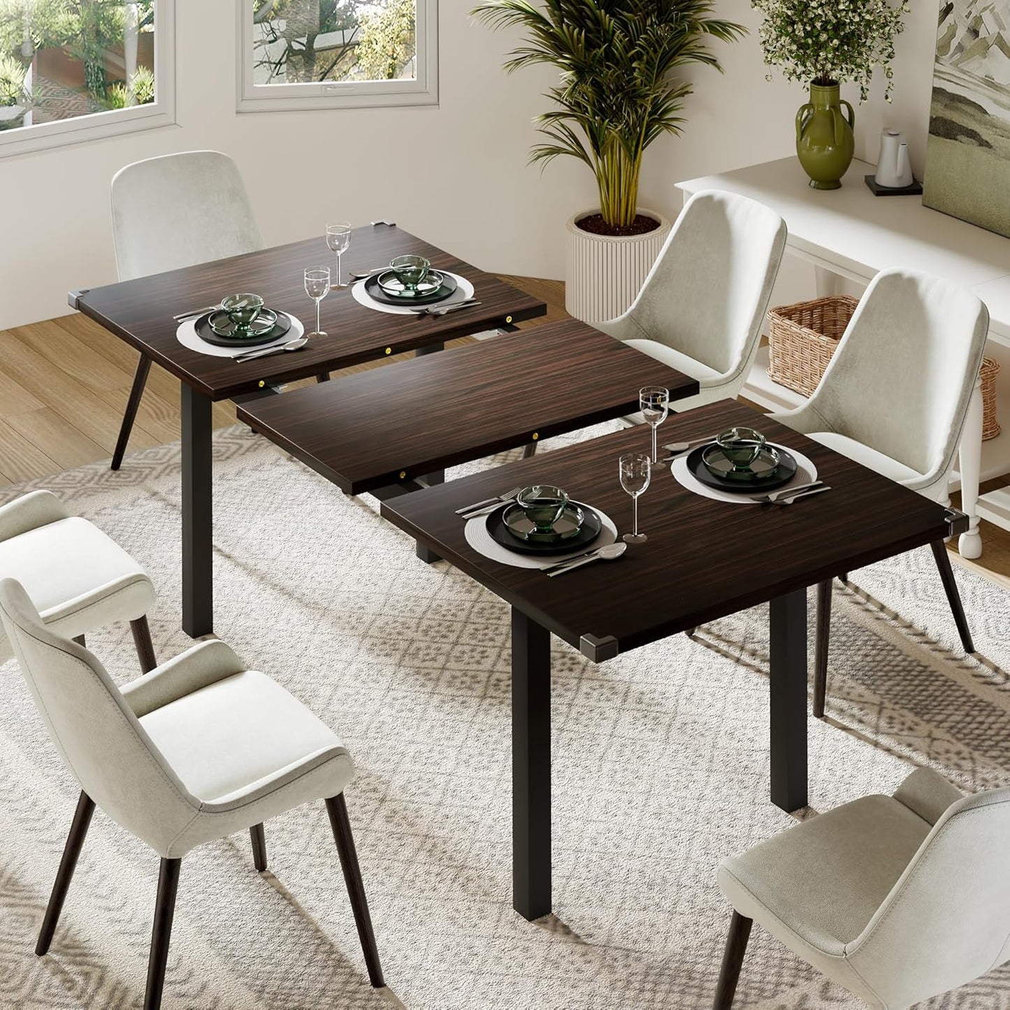 Feonase 63" Extendable Dining Table, Modern Farmhouse Dining Room Table for 4-8, Wooden Kitchen Table for Small Space, Dining Room, Home Office, Living Room Furniture, Walnut