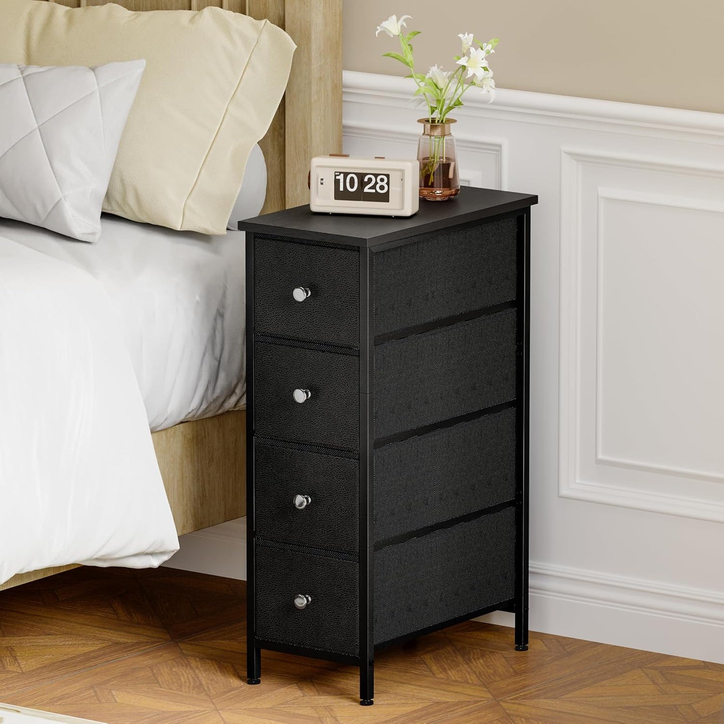 Fixwal Narrow Storage Cabinet, Narrow Nightstand Dresser with 4 Drawers, Slim Fabric Dresser Storage Tower for Small Spaces, White Dresser, for Bedroom, Bathroom, Laundry, Closet