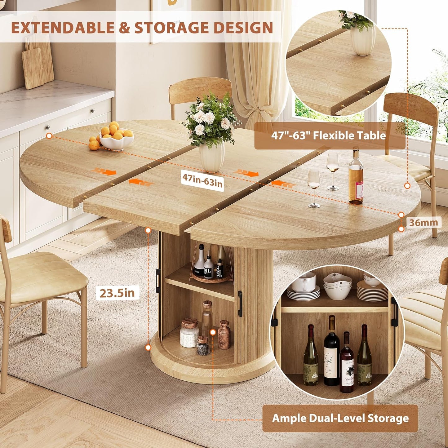 Dining Table for 4-6,63“Extendable Round Kitchen Dining Room Table with 2-Tier Storage Shelf, Space Saving Expandable Wood Oval Circle Dinner Furniture with Pedestal Base (Natural)