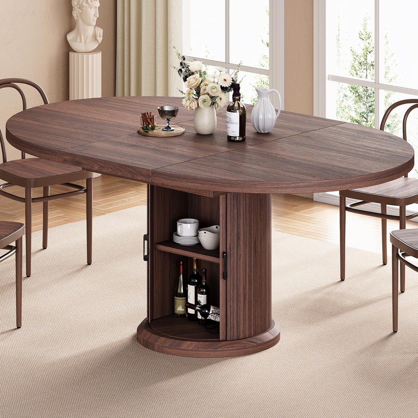 Dining Table for 4-6,63“Extendable Round Kitchen Dining Room Table with 2-Tier Storage Shelf, Space Saving Expandable Wood Oval Circle Dinner Furniture with Pedestal Base (Natural)