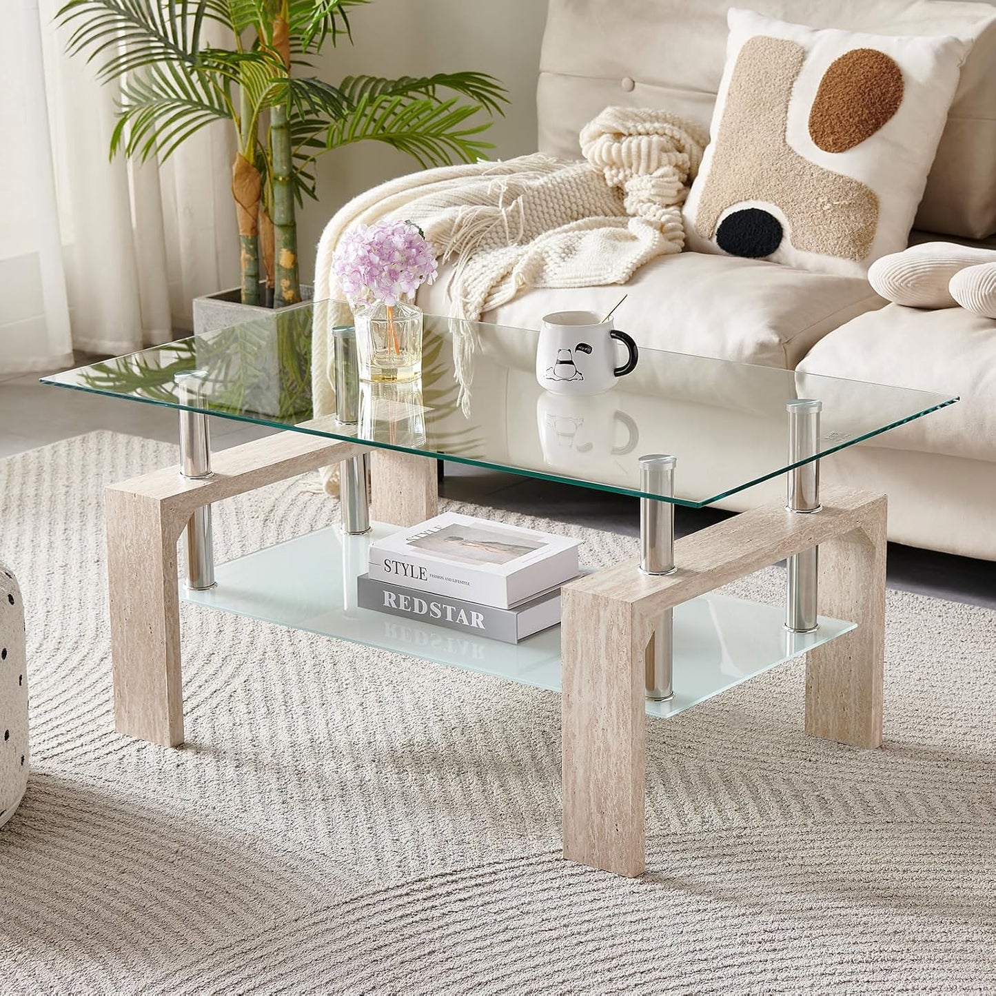 Living Room Rectangle Coffee Table, Tea Table Suitable for Waiting Room, Modern Side Coffee Table with Wooden Leg, Glass Tabletop with Lower Shelf, White 39.5 * 23.5 * 17.5